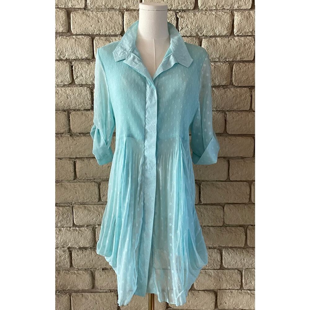 Lindi Pleated Tunic Blouse Aqua Blue Roll Tab Sleeve Size Large